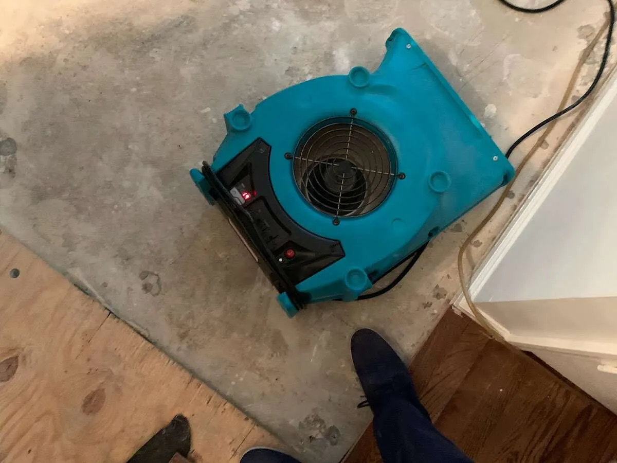Air mover drying subfloor during Leak Detection & Repair in Logan